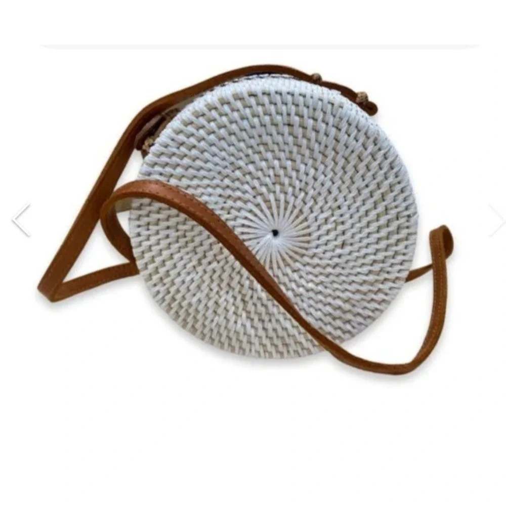 Balachica White Rattan Round Peacock Crossbody Bag Hand Painted Woven 15cm Purse